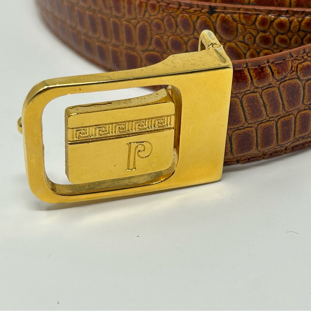 Vintage Pierre Cardin Logo Belt Croc Embossed Brown Leather Gold Buckle Size L